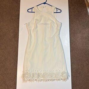 Julia Jordan short ivory wedding dress cut-out back, flower lace, sleeveless, 6